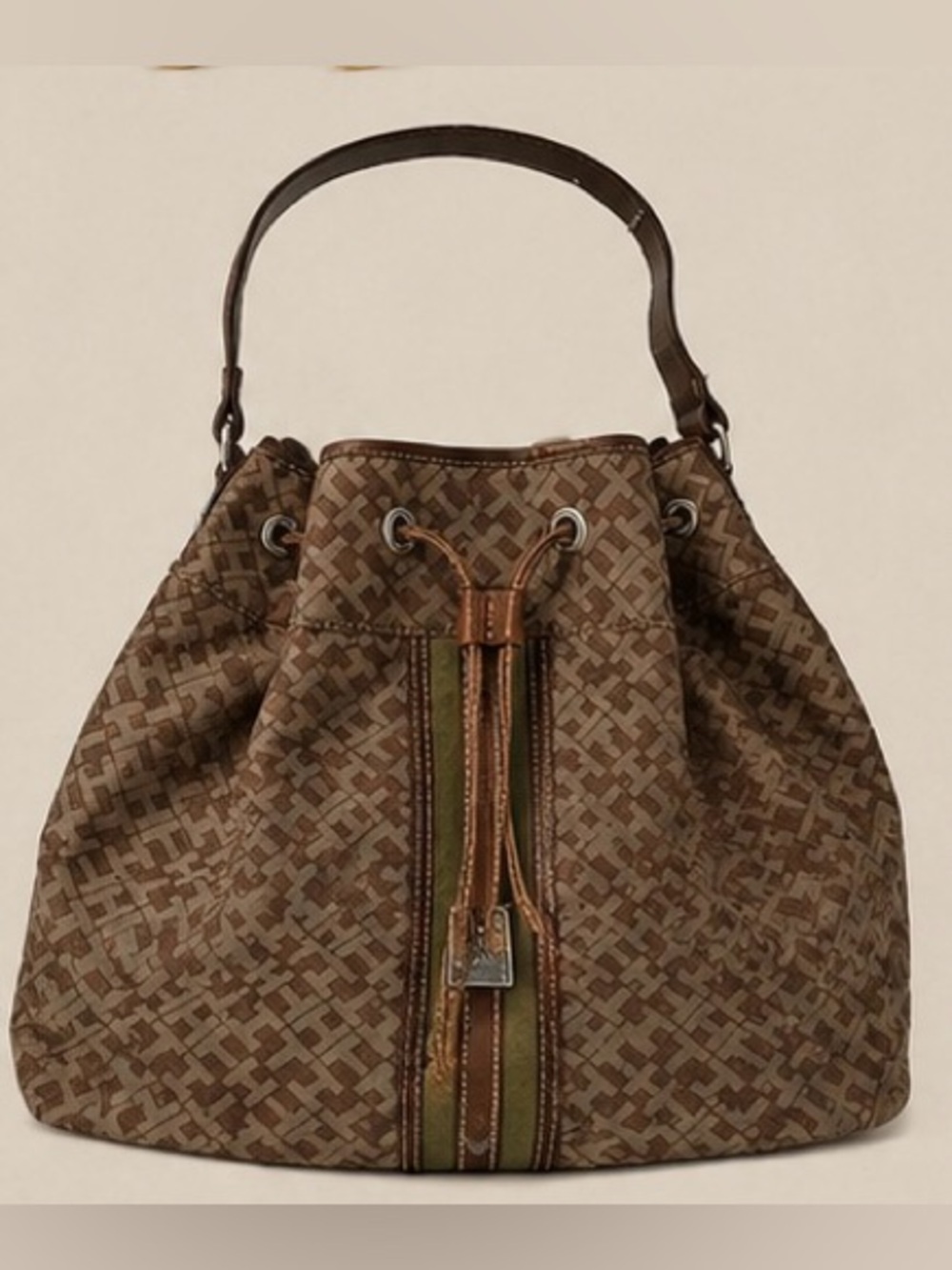 Vintage Tommy Hilfiger Brown Patterned Drawstring Hobo with Green Stripe
